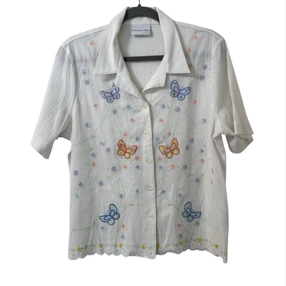 Alfred Dunner Butterfly Button Down Top Large White Embroidered Gauzy‎ Boho - Picture 1 of 5